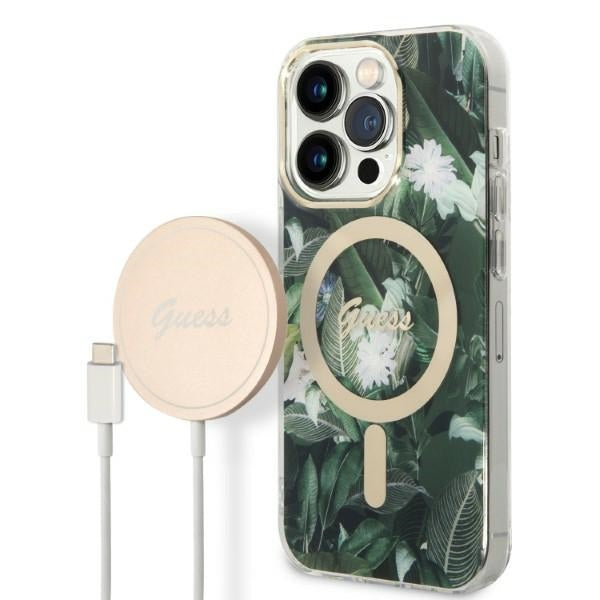 Set Guess GUBPP14LHJEACSA Case+ Charger iPhone 14 Pro 6.1" grøn/grøn hårdkasse Jungle MagSafe