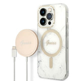 Guess GUBPP14LHMEACSH Case+ Charger Set iPhone 14 Pro 6.1" hvid/hvid hårdkasse Marble MagSafe