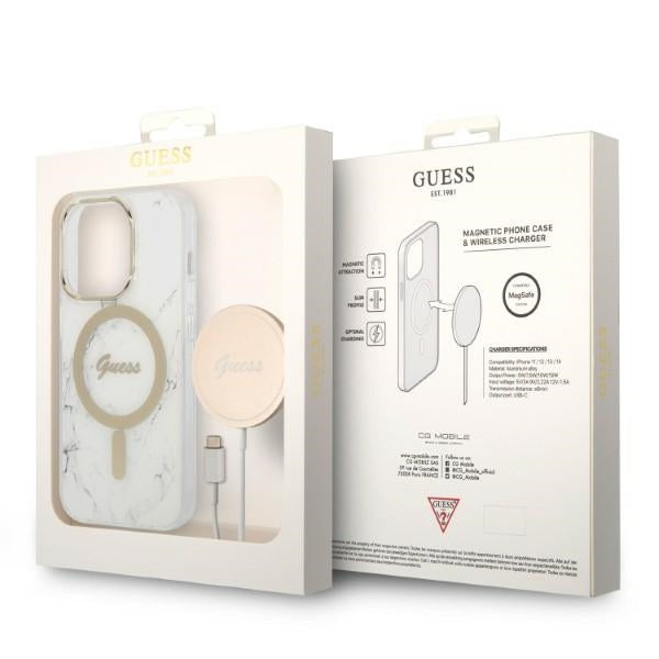 Guess GUBPP14LHMEACSH Case+ Charger Set iPhone 14 Pro 6.1" hvid/hvid hårdkasse Marble MagSafe