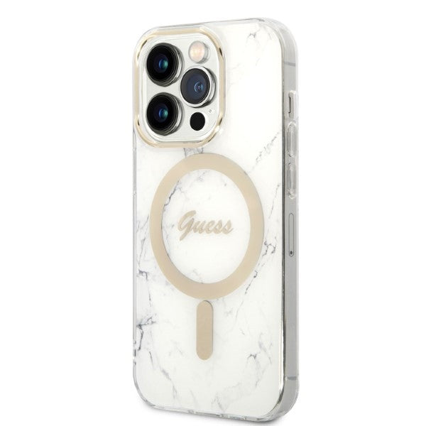 Guess GUBPP14LHMEACSH Case+ Charger Set iPhone 14 Pro 6.1" hvid/hvid hårdkasse Marble MagSafe