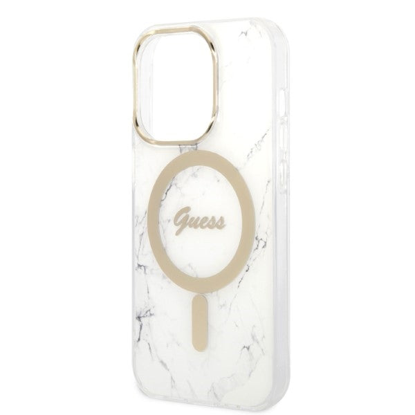 Guess GUBPP14LHMEACSH Case+ Charger Set iPhone 14 Pro 6.1" hvid/hvid hårdkasse Marble MagSafe