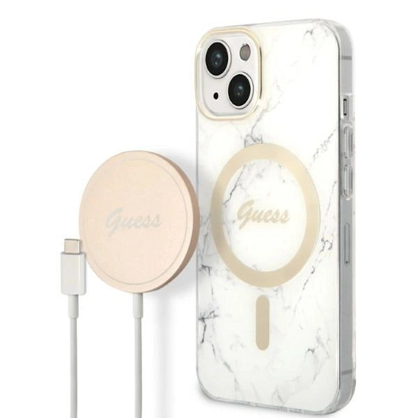 Set Guess GUBPP14MHMEACSH Case+ Charger iPhone 14 Plus 6,7" hvid/hvid hårdkasse Marble MagSafe