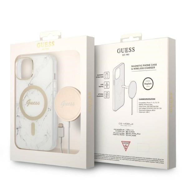Set Guess GUBPP14MHMEACSH Case+ Charger iPhone 14 Plus 6,7" hvid/hvid hårdkasse Marble MagSafe