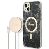 Set Guess GUBPP14MHMEACSK Case+ Charger iPhone 14 Plus 6,7" sort/sort hårdkasse Marble MagSafe