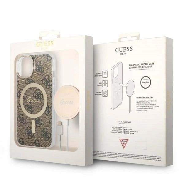 Set Guess GUBPP14SH4EACSW Case+ Charger iPhone 14 6.1" brun/brun hard case 4G Print MagSafe