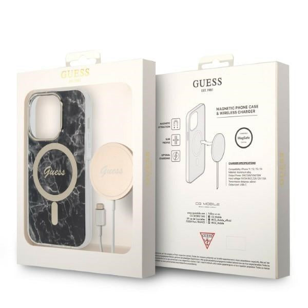 Set Guess GUBPP14XHMEACSK Case+ Charger iPhone 14 Pro Max 6,7" sort/sort hårdkasse Marble MagSafe