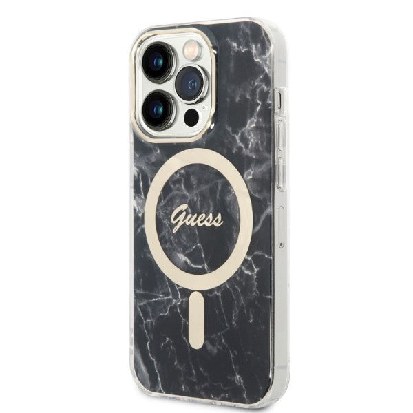 Set Guess GUBPP14XHMEACSK Case+ Charger iPhone 14 Pro Max 6,7" sort/sort hårdkasse Marble MagSafe