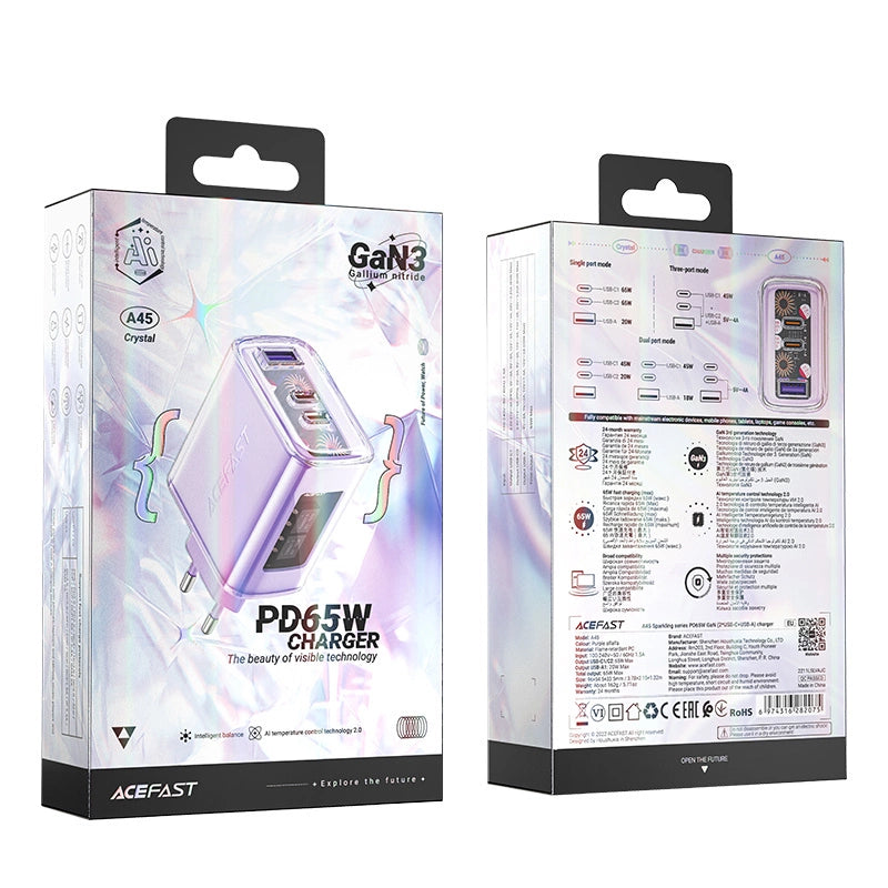 Acefast oplader GaN 65W 3 porte (1xUSB, 2xUSB C) lilla (A45)