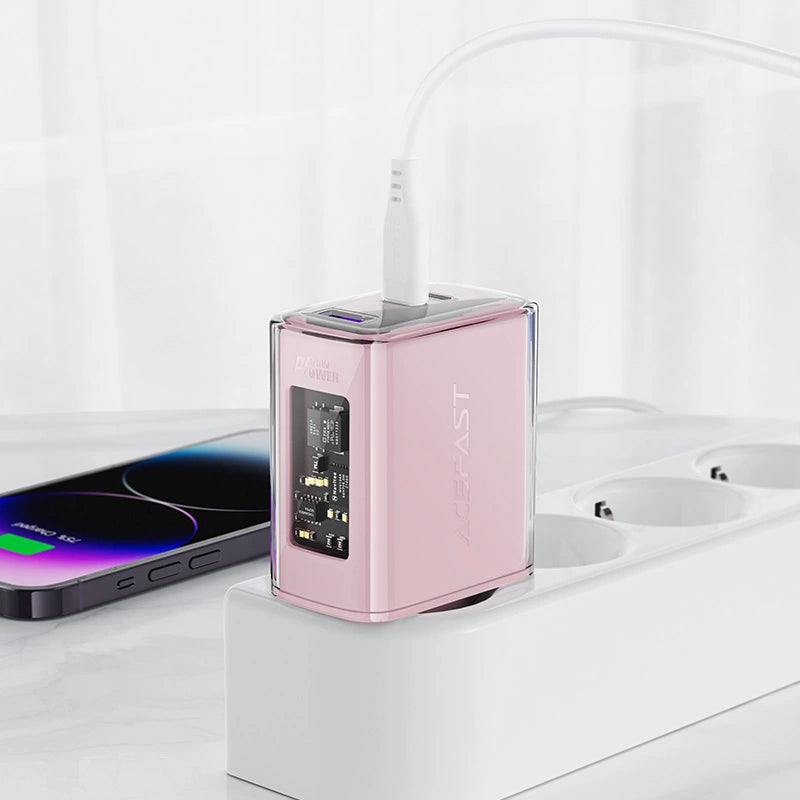 Acefast oplader GaN 65W 3 porte (1xUSB, 2xUSB C) pink (A45)
