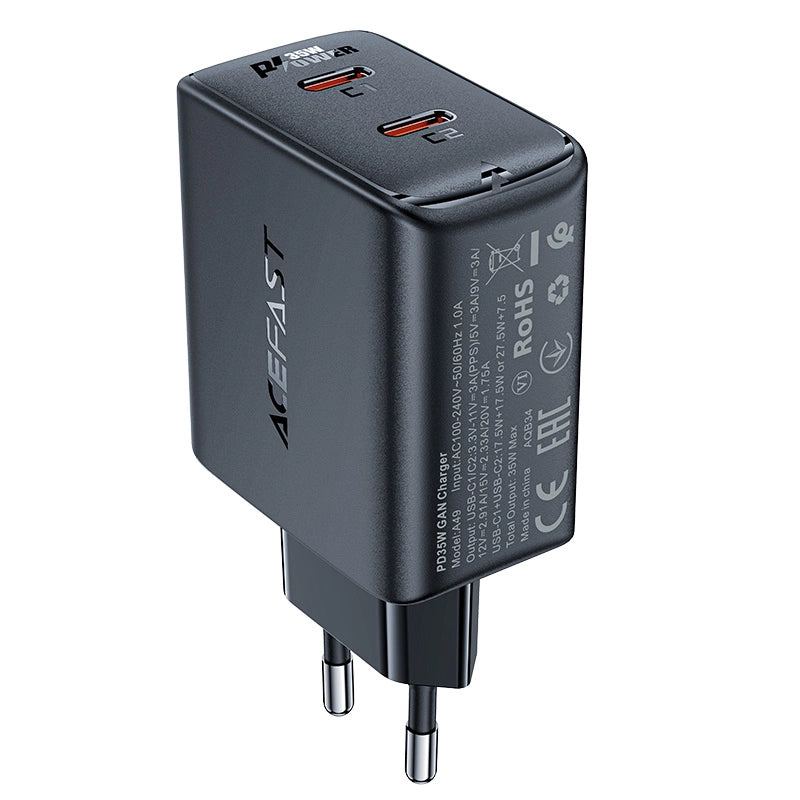 Hurtig opladning GaN 35W PD 2x USB C Acefast A49 - sort
