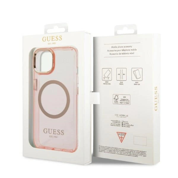 Guess GUHMP14MHTCMP iPhone 14 Plus 6.7" pink/pink hard case Gold Outline Translucent MagSafe