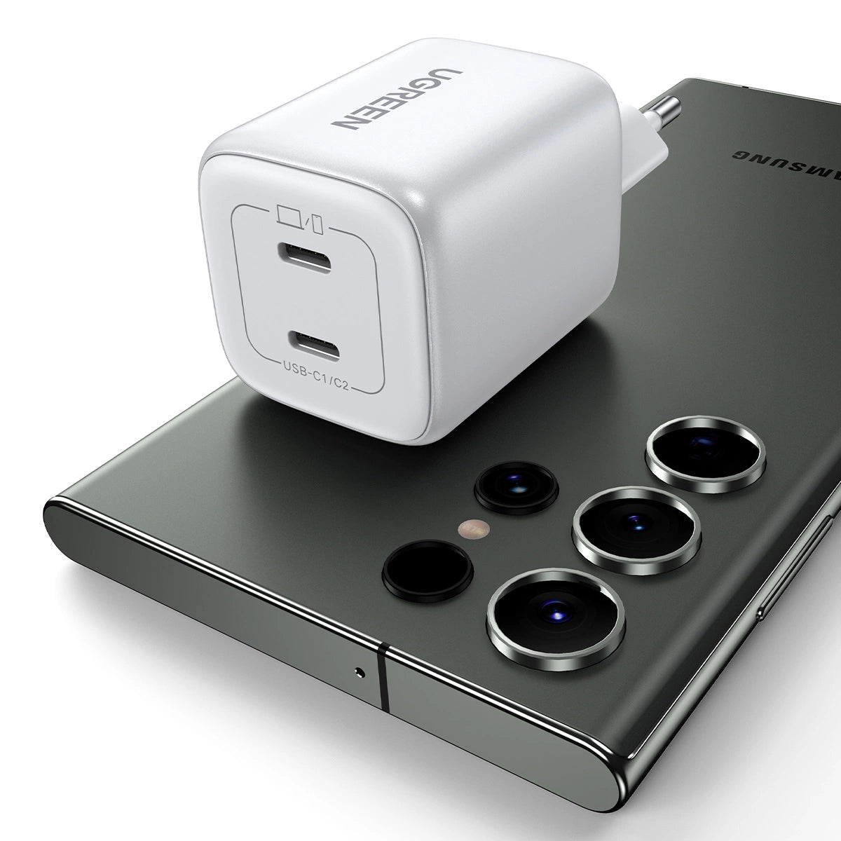 GaN hurtigoplader 2 x USB-C 45W QC PD Ugreen CD294 - hvid