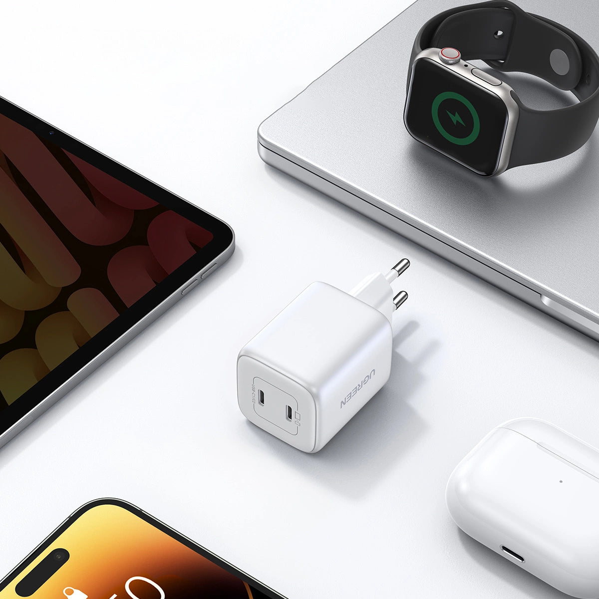 GaN hurtigoplader 2 x USB-C 45W QC PD Ugreen CD294 - hvid