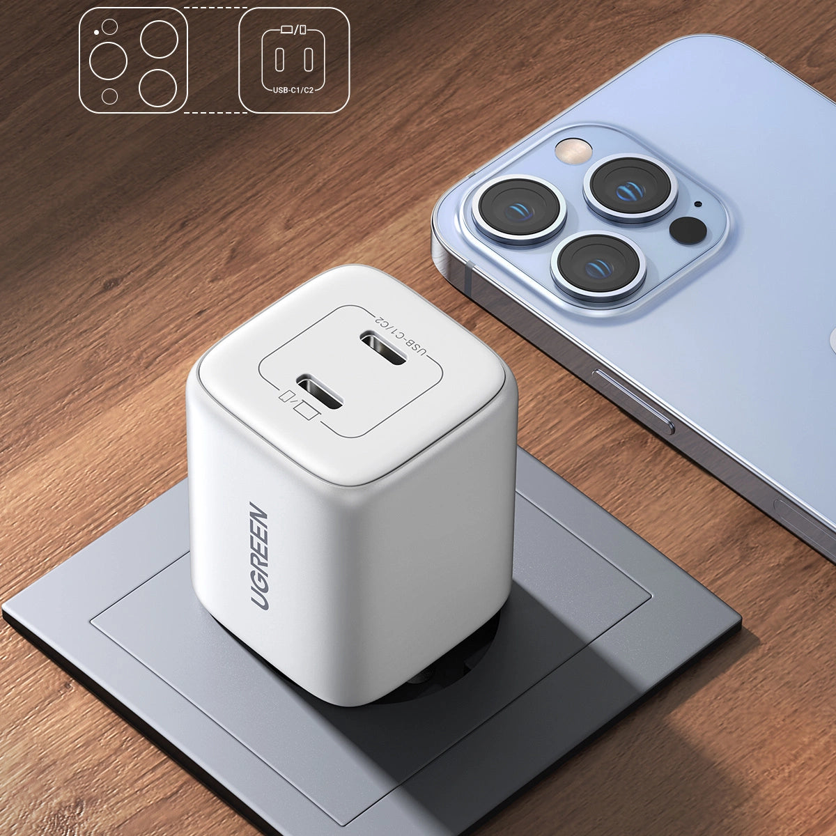 GaN hurtigoplader 2 x USB-C 45W QC PD Ugreen CD294 - hvid