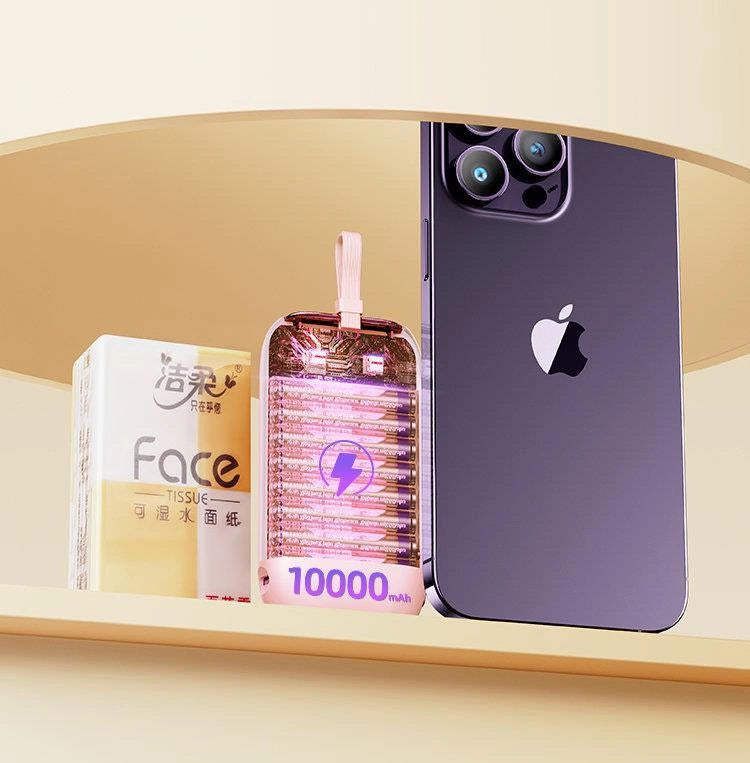 Joyroom mini powerbank 10000mAh Colorful Series 22.5W med 2 indbyggede USB C og Lightning kabler pink (JR-L012)