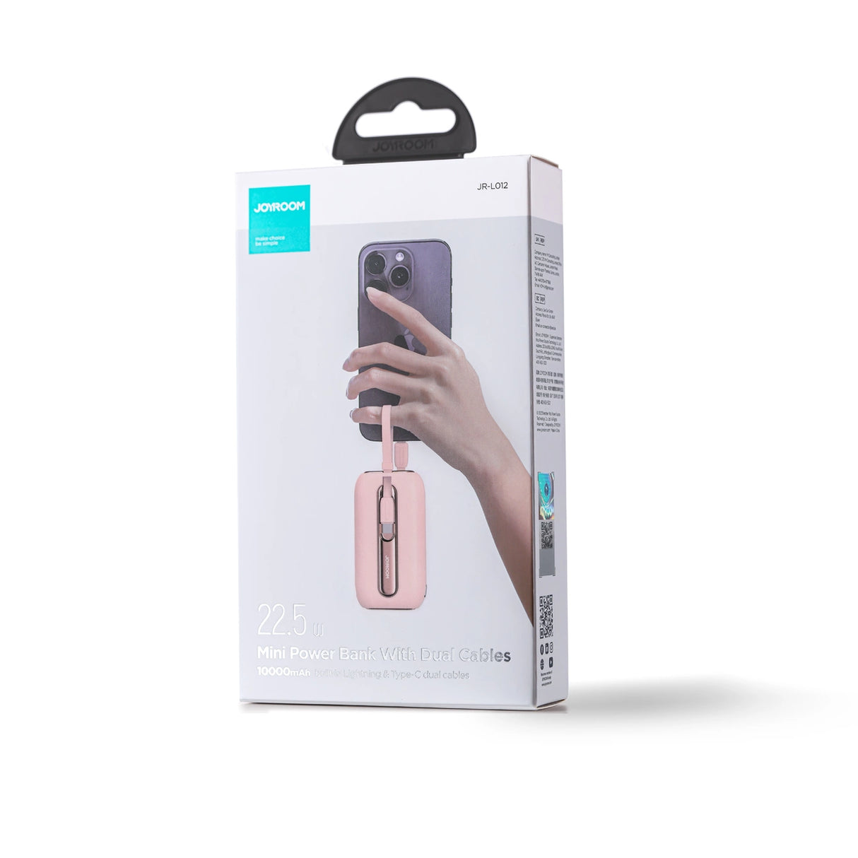 Joyroom mini powerbank 10000mAh Colorful Series 22.5W med 2 indbyggede USB C og Lightning kabler pink (JR-L012)