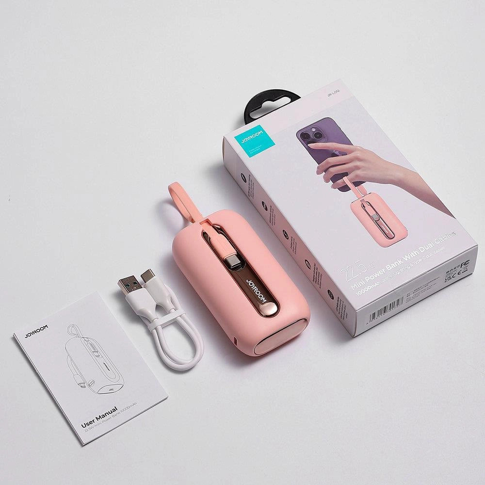 Joyroom mini powerbank 10000mAh Colorful Series 22.5W med 2 indbyggede USB C og Lightning kabler pink (JR-L012)