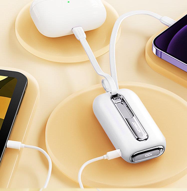 Joyroom mini powerbank 10000mAh Colorful Series 22.5W med 2 indbyggede USB C og Lightning kabler hvid (JR-L012)