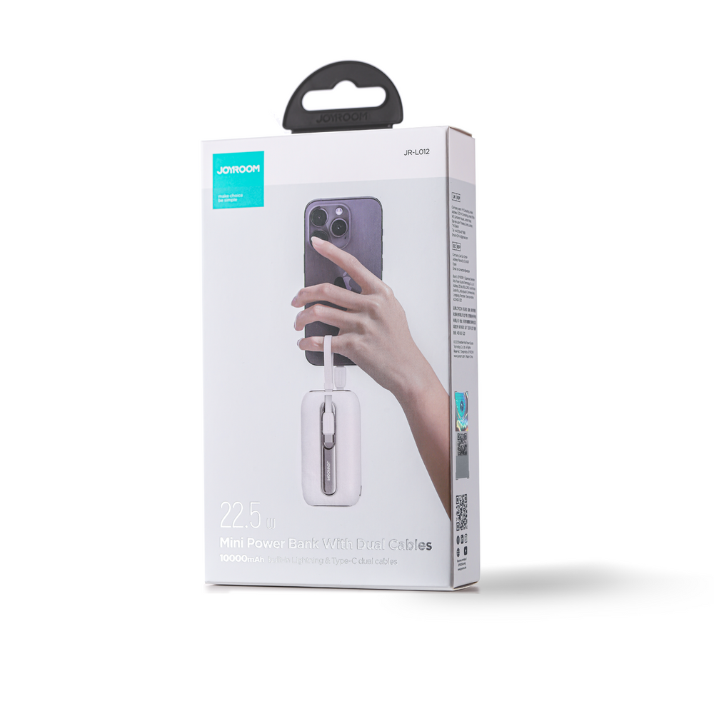 Joyroom mini powerbank 10000mAh Colorful Series 22.5W med 2 indbyggede USB C og Lightning kabler hvid (JR-L012)