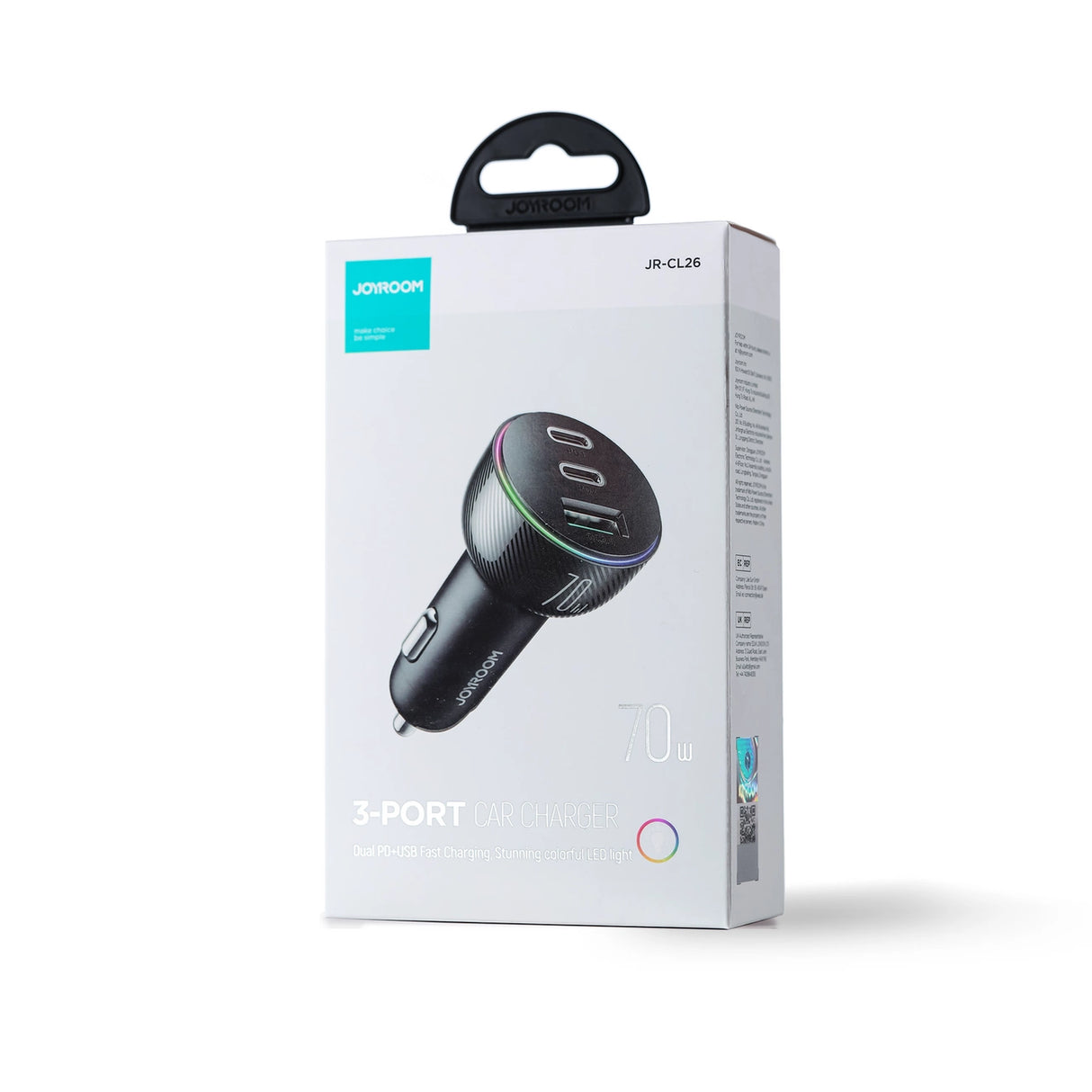 Joyroom biloplader 70W med 3 porte: USB, 2 x USB C sort (JR-CL26)