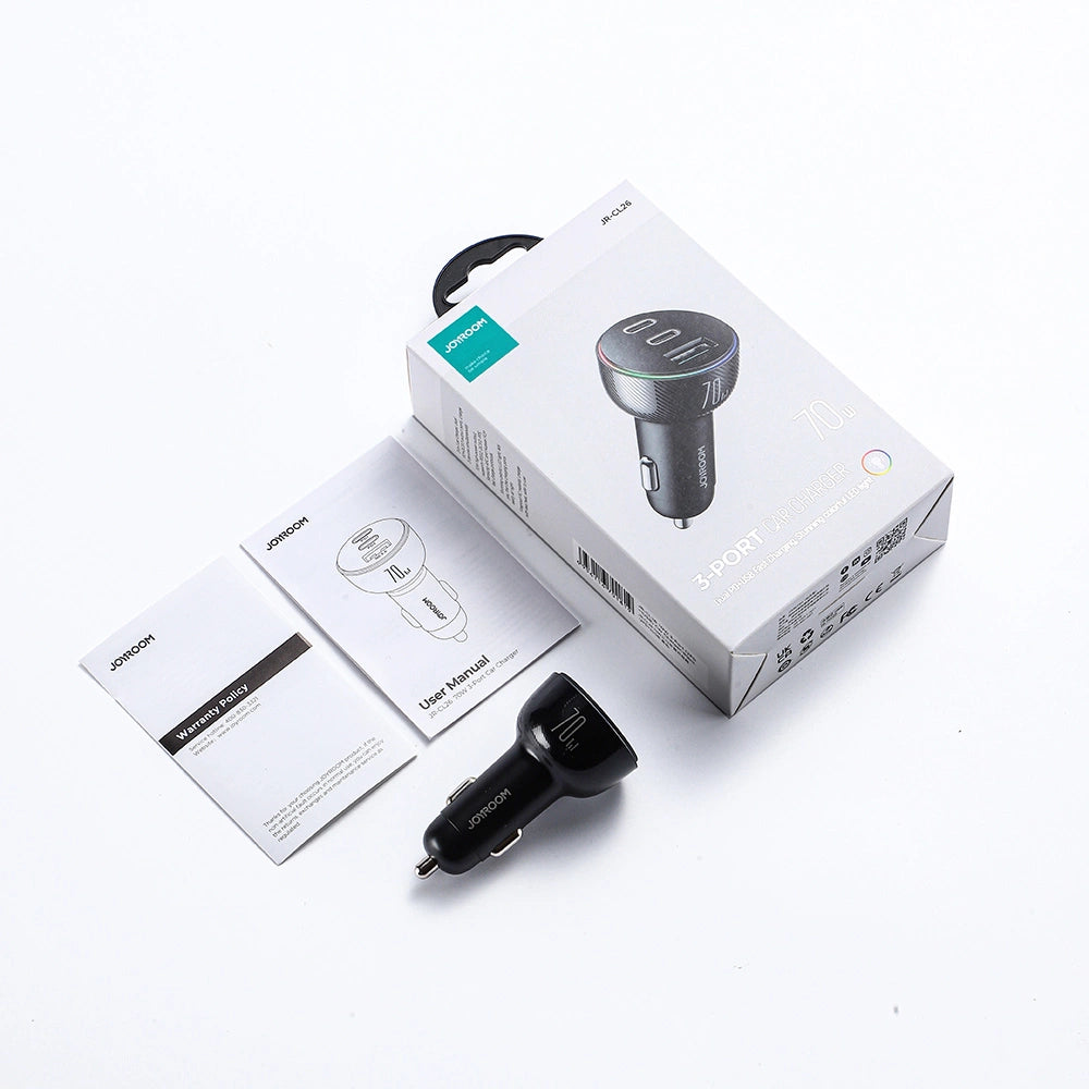 Joyroom biloplader 70W med 3 porte: USB, 2 x USB C sort (JR-CL26)