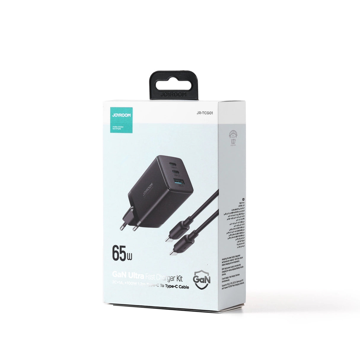 Joyroom hurtig GaN oplader 65W USB-A, 2x USB-C sort + USB-C - USB-C kabel 100W 1,2m (TCG01)