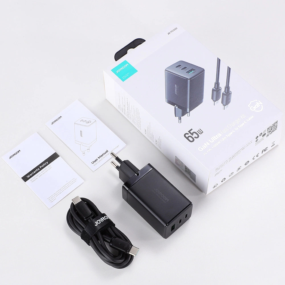 Joyroom hurtig GaN oplader 65W USB-A, 2x USB-C sort + USB-C - USB-C kabel 100W 1,2m (TCG01)
