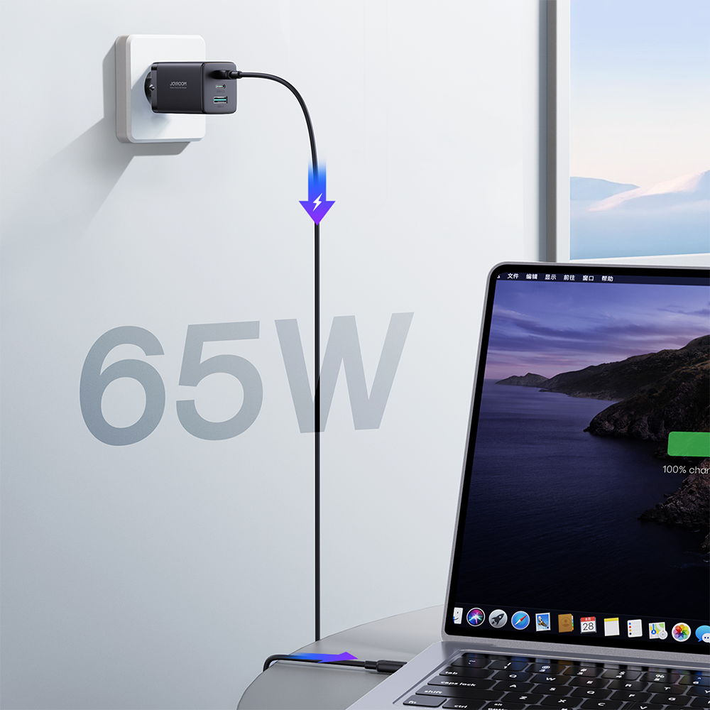 Joyroom hurtig GaN oplader 65W USB-A, 2x USB-C sort + USB-C - USB-C kabel 100W 1,2m (TCG01)