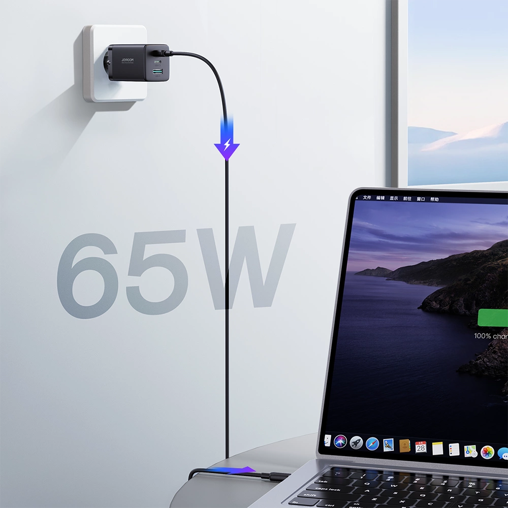 Joyroom hurtig GaN oplader 65W USB-A, 2x USB-C sort + USB-C - USB-C kabel 100W 1,2m (TCG01)