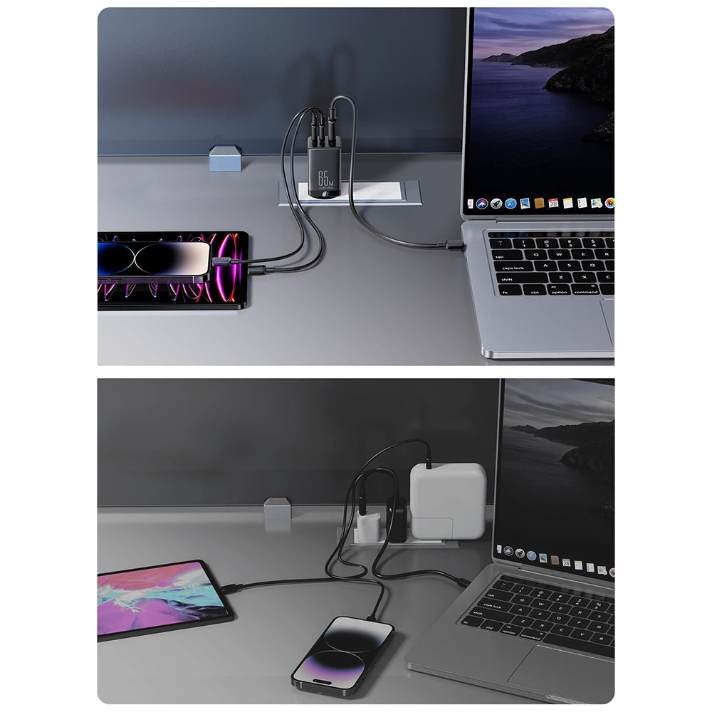 Joyroom hurtig GaN oplader 65W USB-A, 2x USB-C sort + USB-C - USB-C kabel 100W 1,2m (TCG01)