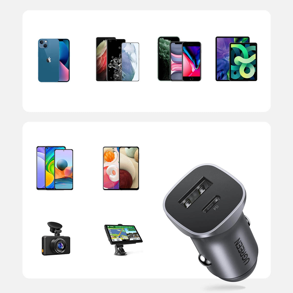 Ugreen CD130 USB-A / USB-C 30W Biloplader - Grå