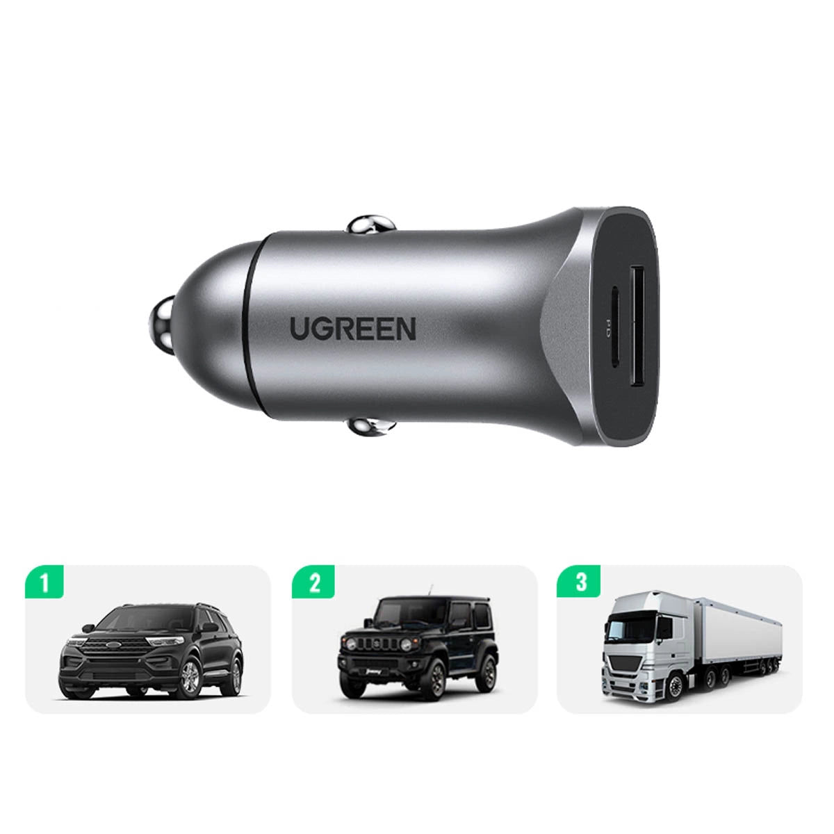 Ugreen CD130 USB-A / USB-C 30W Biloplader - Grå