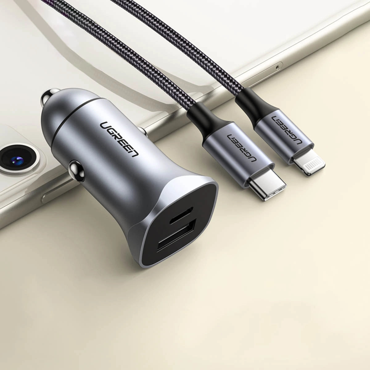Ugreen CD130 USB-A / USB-C 30W Biloplader - Grå