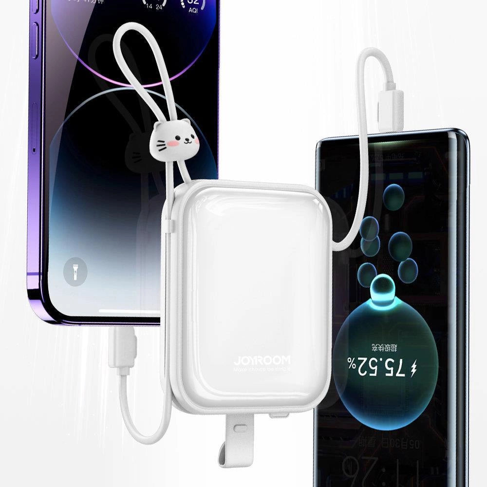 Joyroom powerbank med USB C og Lightning kabler og Cutie Series stand 10000mAh 22.5W hvid (JR-L008)