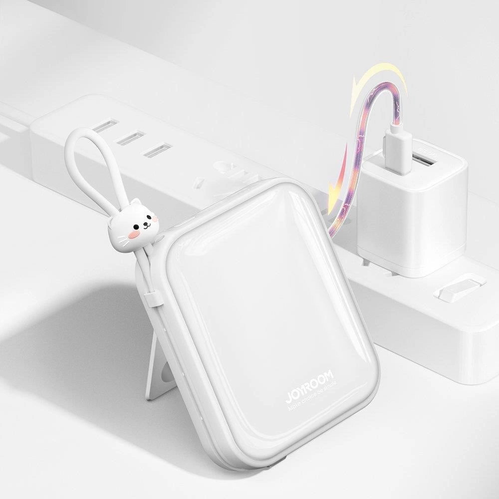 Joyroom powerbank med USB C og Lightning kabler og Cutie Series stand 10000mAh 22.5W hvid (JR-L008)