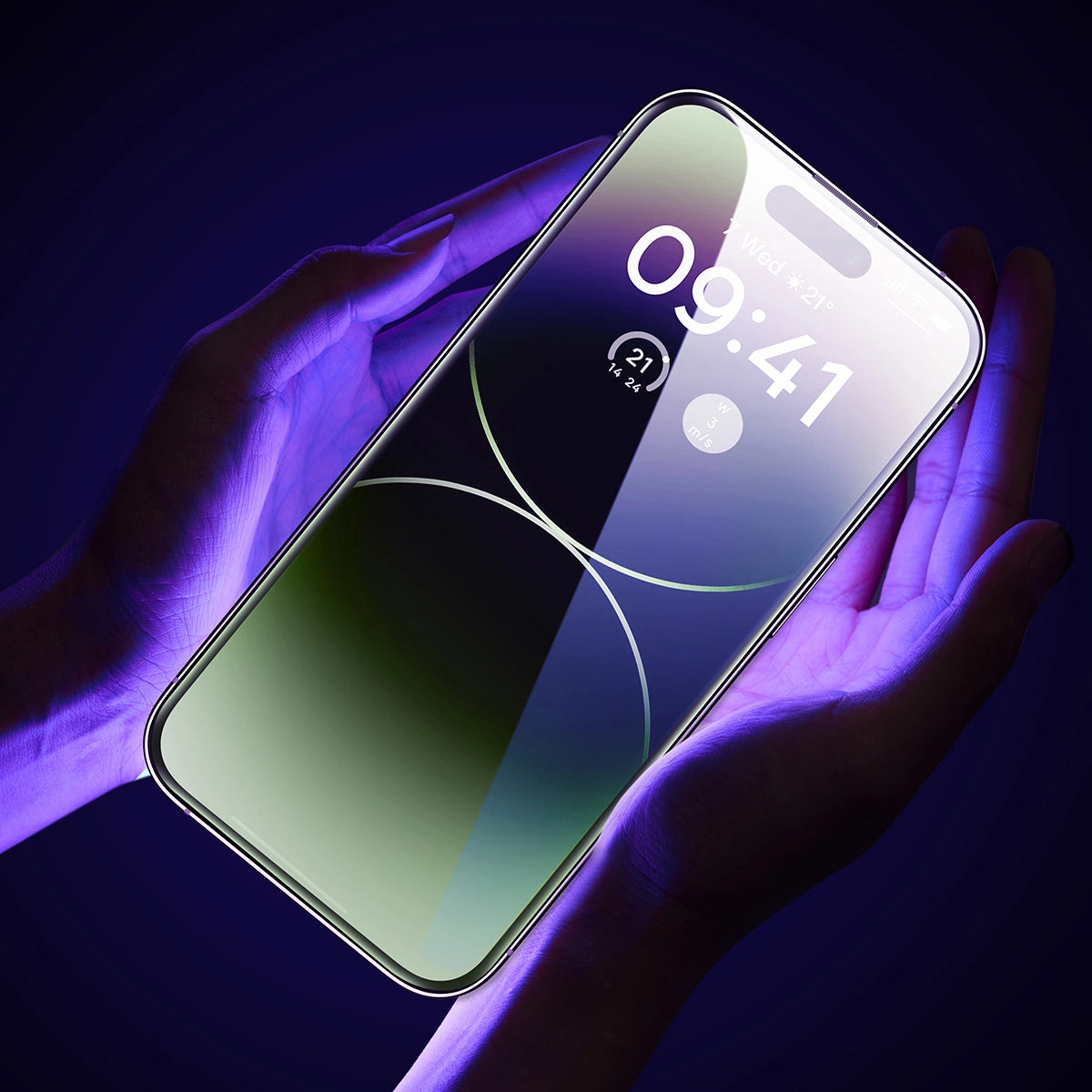 Baseus Full Screen Tempered Glass til iPhone 14 Pro Max med Anti Blue Light Filter og 0.3mm Speaker Cover + Montering Frame
