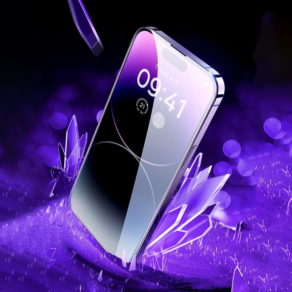 Baseus Full Screen Tempered Glass til iPhone 14 Pro Max med Anti Blue Light Filter og 0.3mm Speaker Cover + Mounting Frame