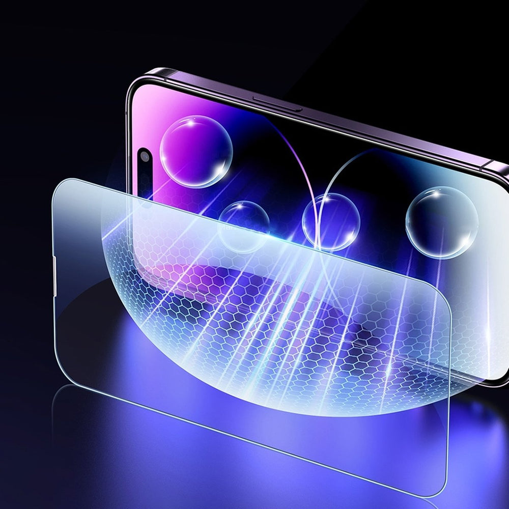 Baseus Full Screen Tempered Glass til iPhone 14 Pro Max med Anti Blue Light Filter og 0.3mm Speaker Cover + Mounting Frame