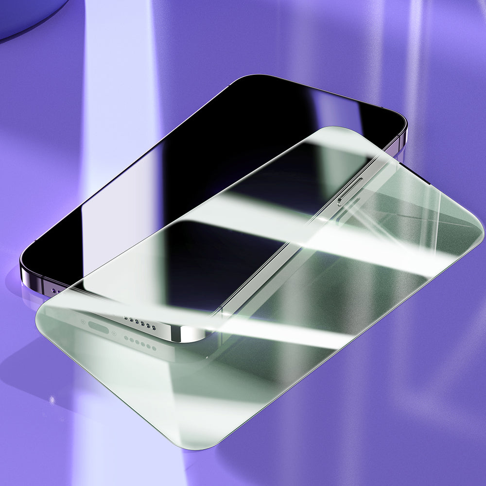 Baseus Full Screen Tempered Glass til iPhone 14 Pro Max med Anti Blue Light Filter og 0.3mm Speaker Cover + Mounting Frame