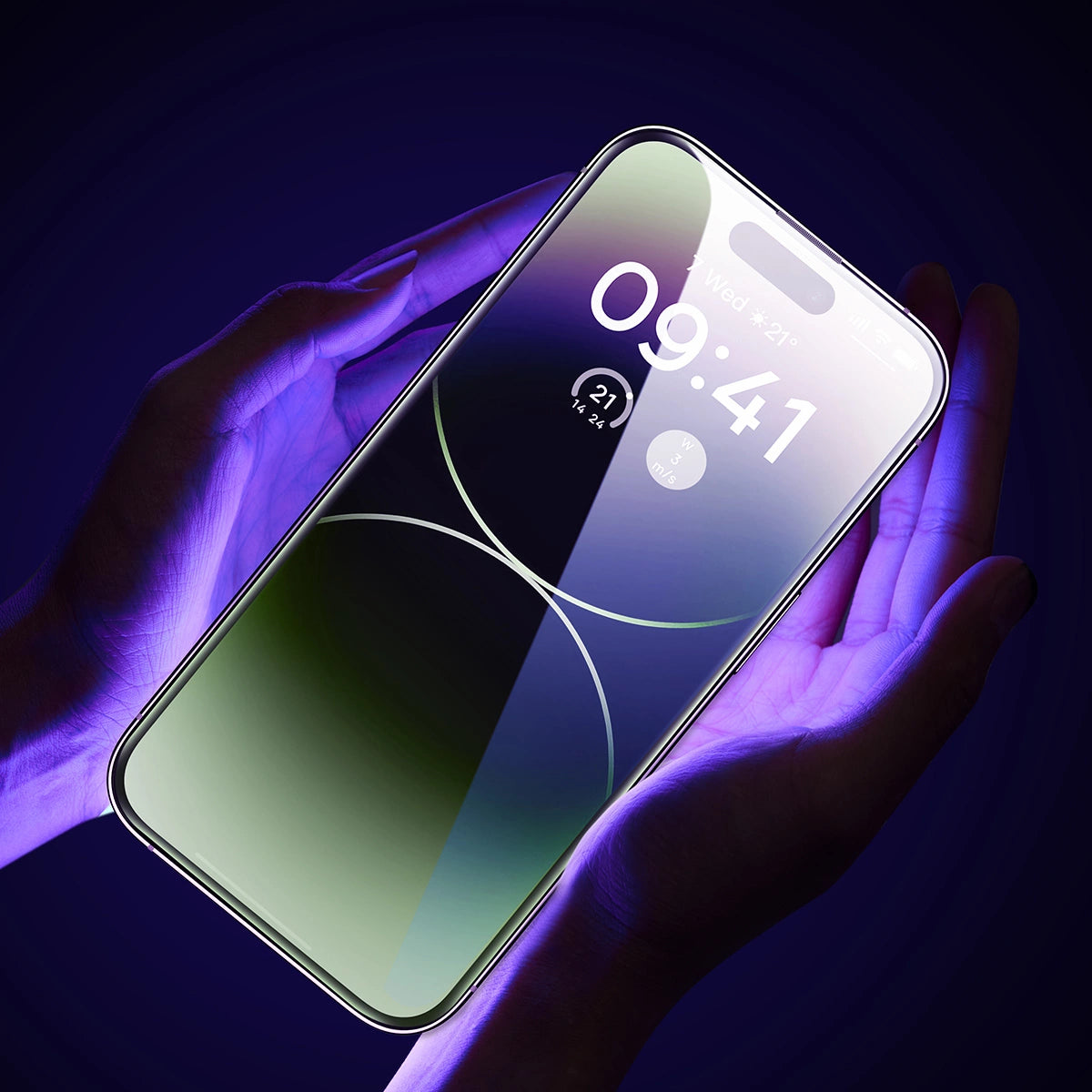 Baseus Full Screen Tempered Glass til iPhone 14 Pro med Anti Blue Light Filter og 0.3mm Speaker Cover + Montering Frame