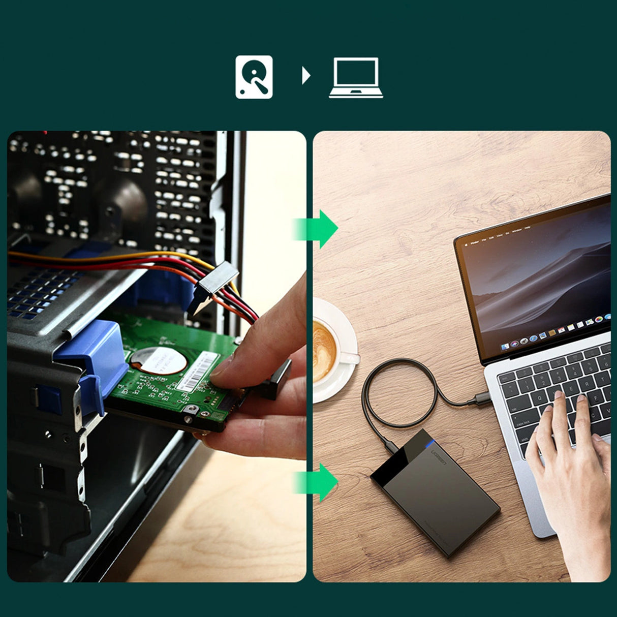 Ugreen adapterkasse til SATA 2,5' 6TB drev USB-C 3.0 sort (US221)