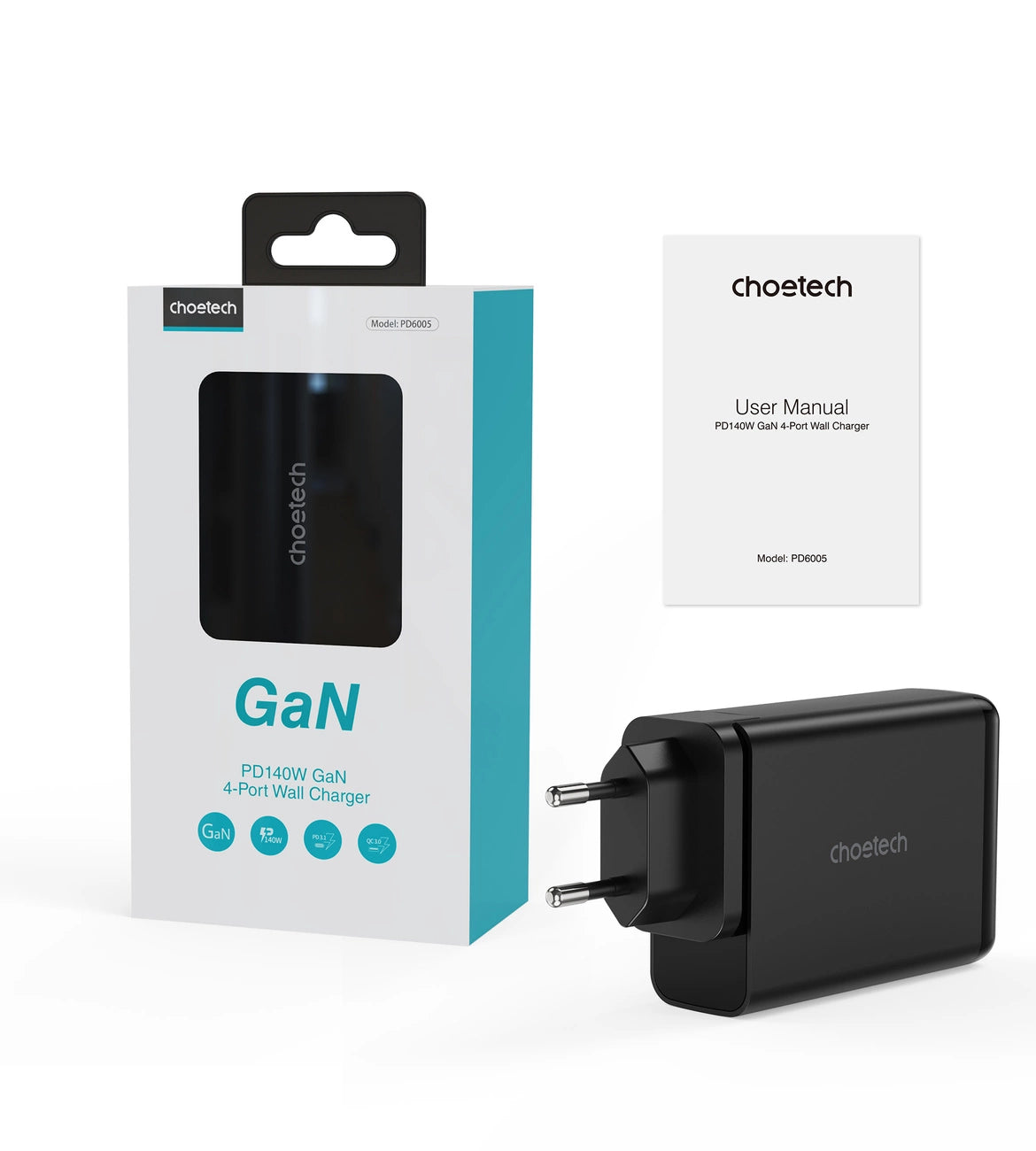 Choetech oplader GaN 140W 4 porte (2x USB C, 2x USB) sort (PD6005)