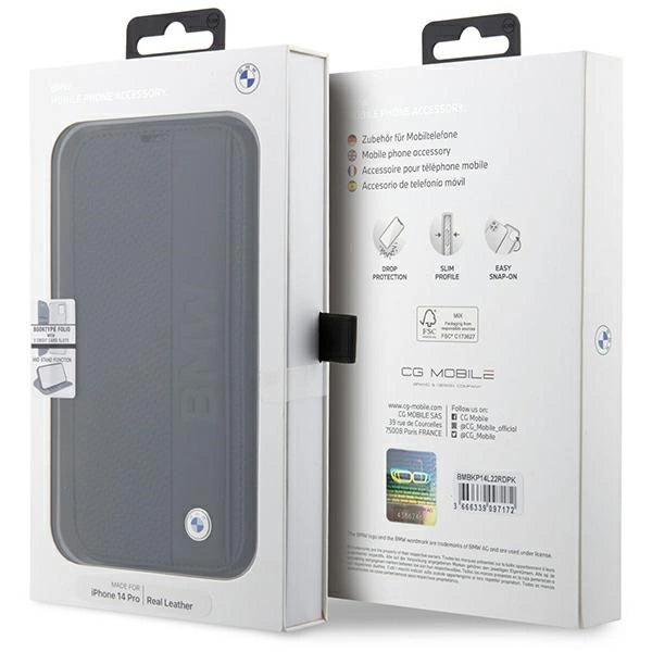 Case BMW BMBKP14L22RDPK iPhone 14 Pro 6,1" sort/sort bogreol læder Textured&Stripe
