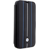 Case BMW BMBKP14X22RVSK iPhone 14 Pro Max 6.7" sort/sort bogreol læder stempel blå linjer