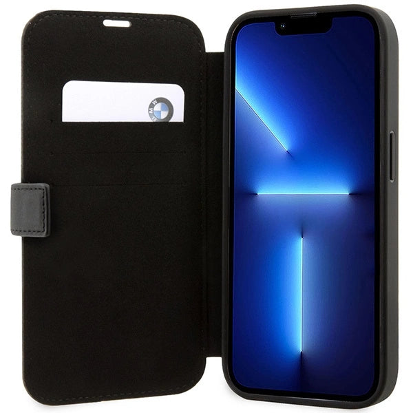 Case BMW BMBKP14X22RVSK iPhone 14 Pro Max 6.7" sort/sort bogreol læder stempel blå linjer