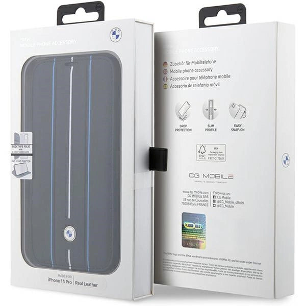 Case BMW BMBKP14X22RVSK iPhone 14 Pro Max 6.7" sort/sort bogreol læder stempel blå linjer