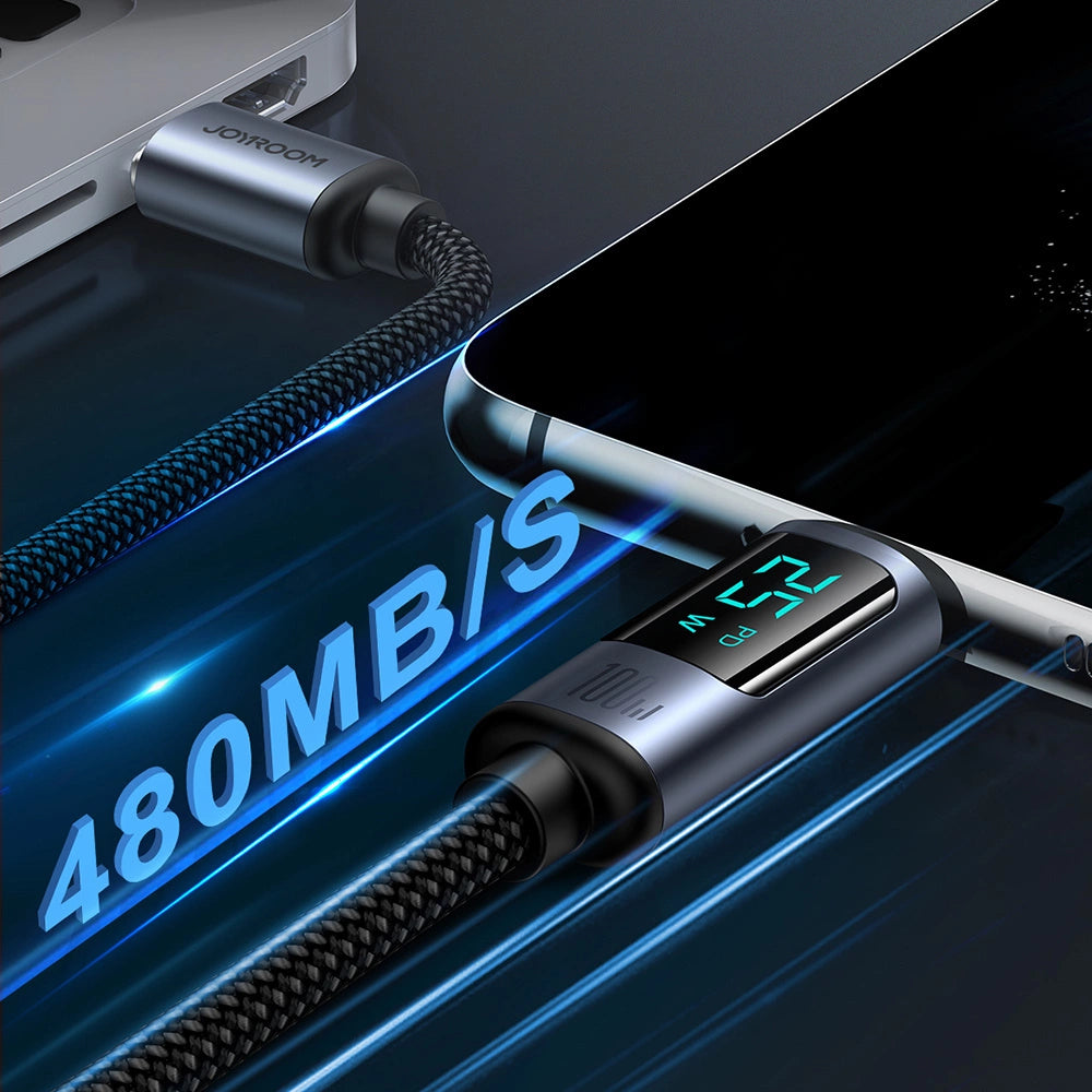 Joyroom Prism Series A16 USB-C / USB-C 100W 1,2m Kabel med LED-skærm - sort