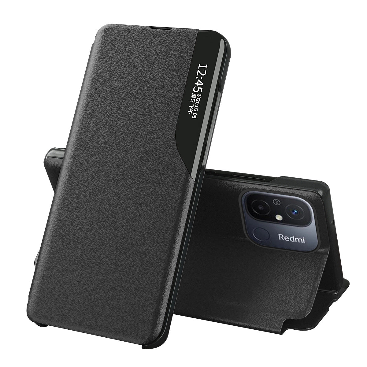 Eco Leather View Case til Xiaomi Redmi 11A / Poco C55 / Redmi 12C med flip stand sort
