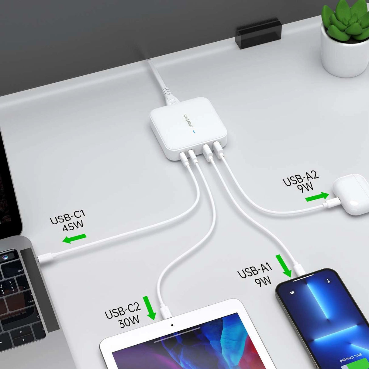 Choetech PD8008 100W GaN hurtigoplader 2x USB-A / 2x USB-C - hvid