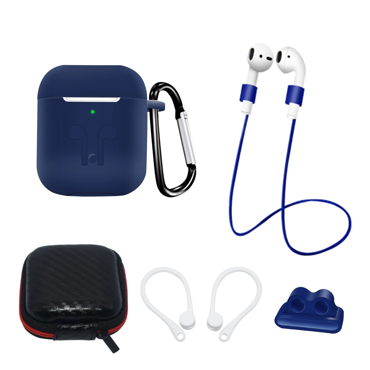 Sæt af AirPods 2 / AirPods 1 silikonhylster + hylster / ørehak / halsbånd / urbåndsholder / karabiner - blå